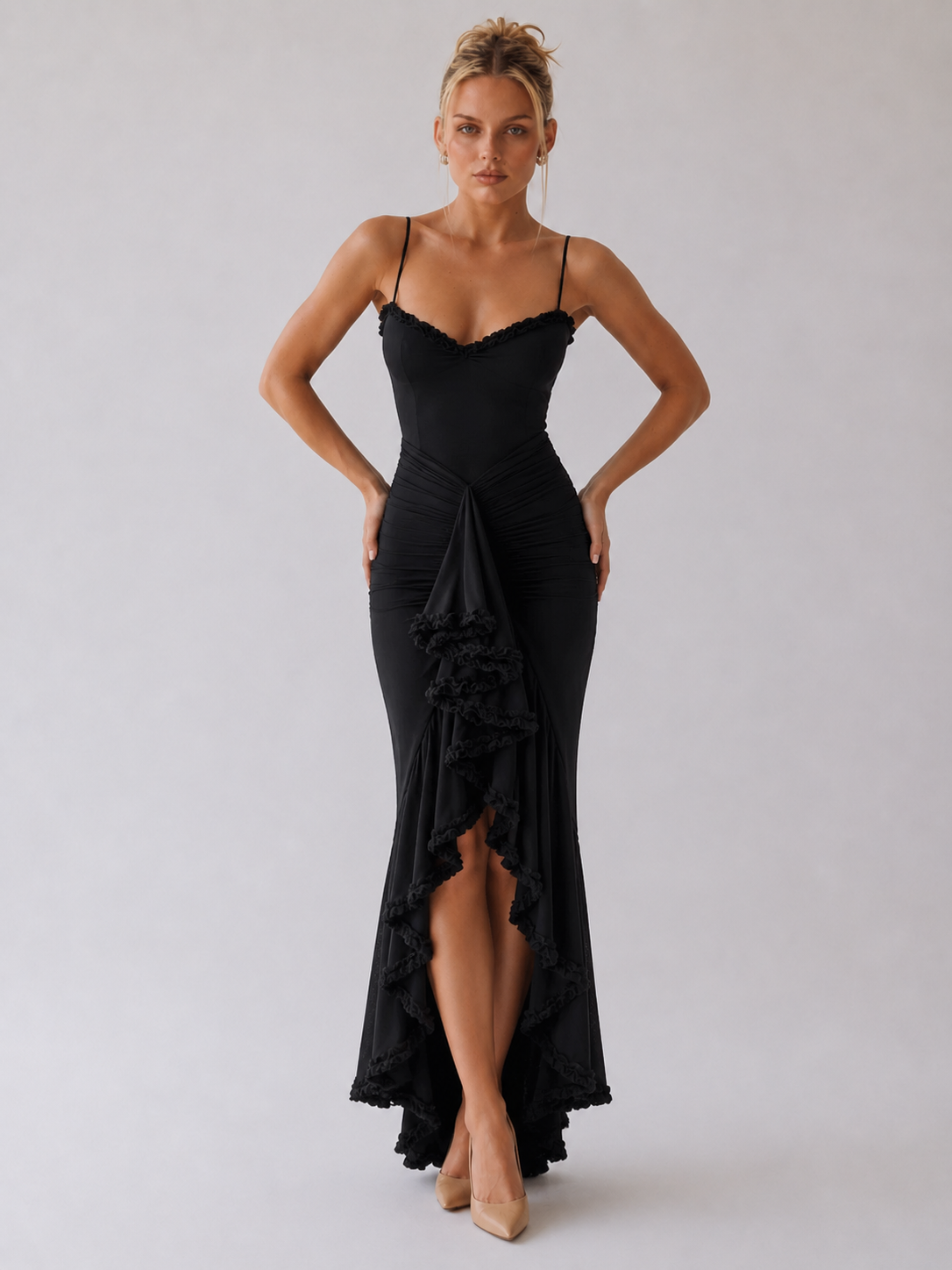 Pivoine Vestido de noche con volantes y bajo asimétrico - Negro