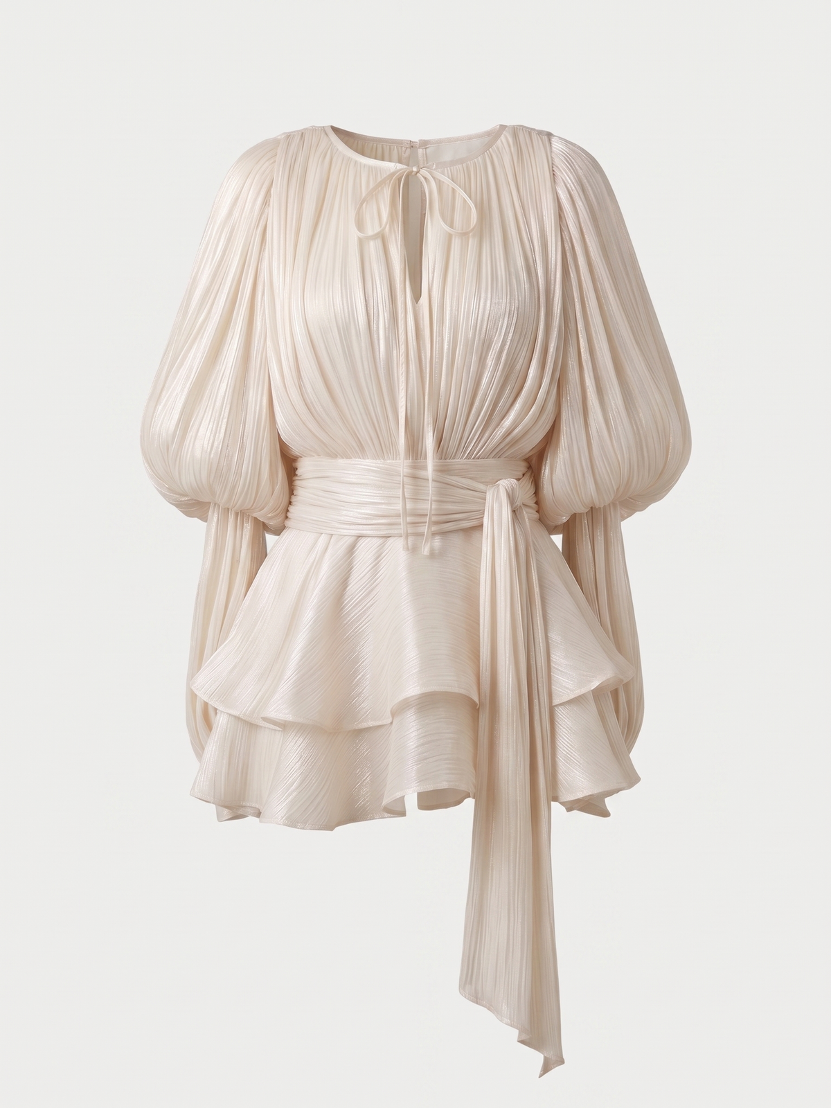 Elodie | Vestido mini plisado con lazo en el cuello y mangas abullonadas