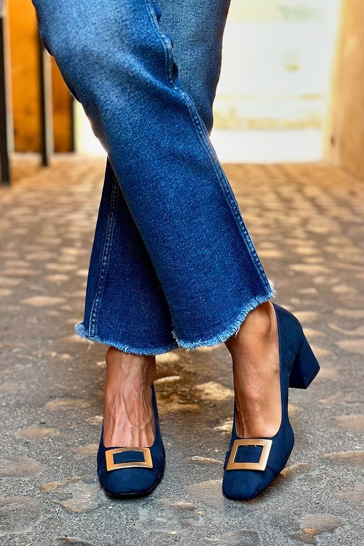 Tacones anchos patchwork Azul Navy con punta cuadrada