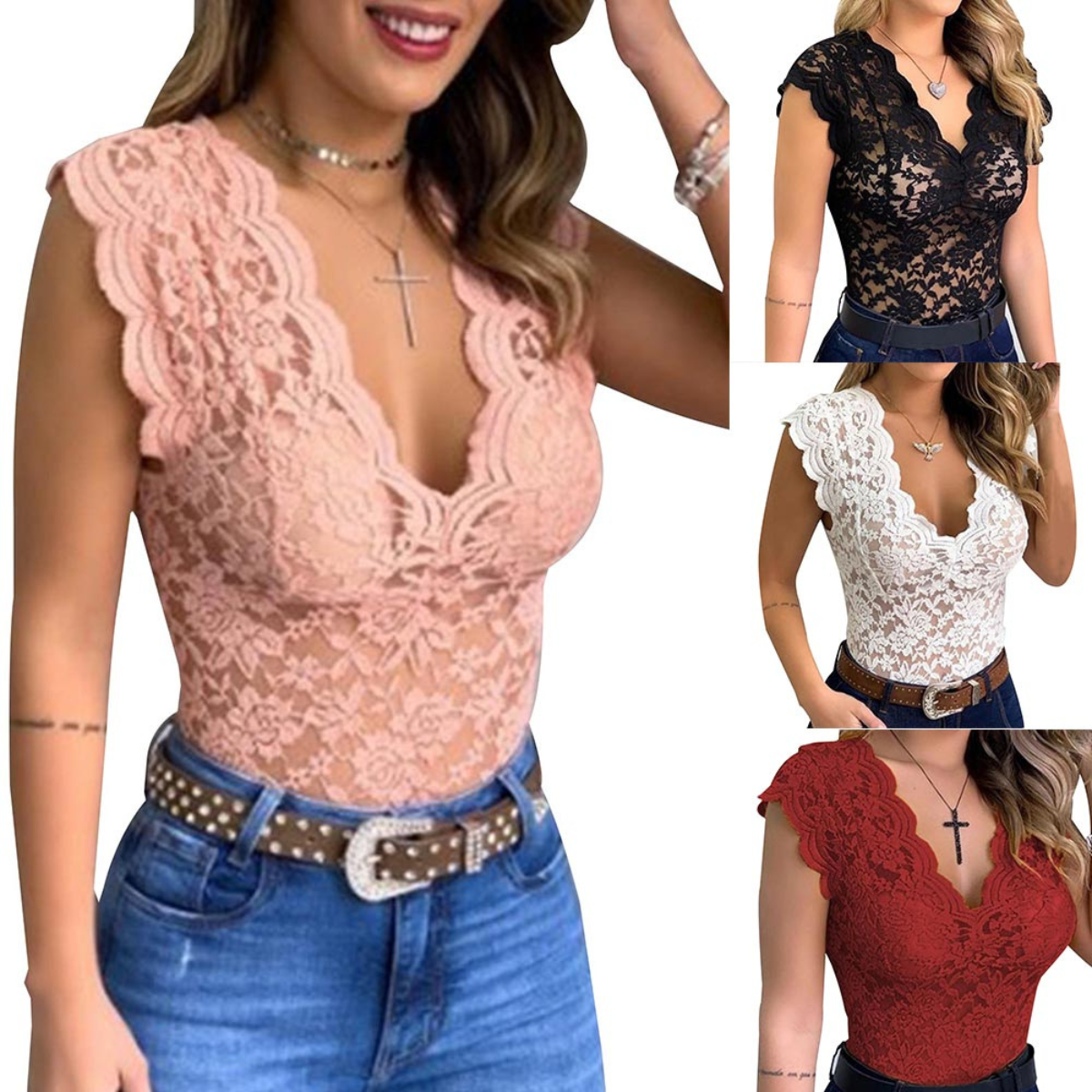 Scallace | Camiseta de Encaje con Escote en V