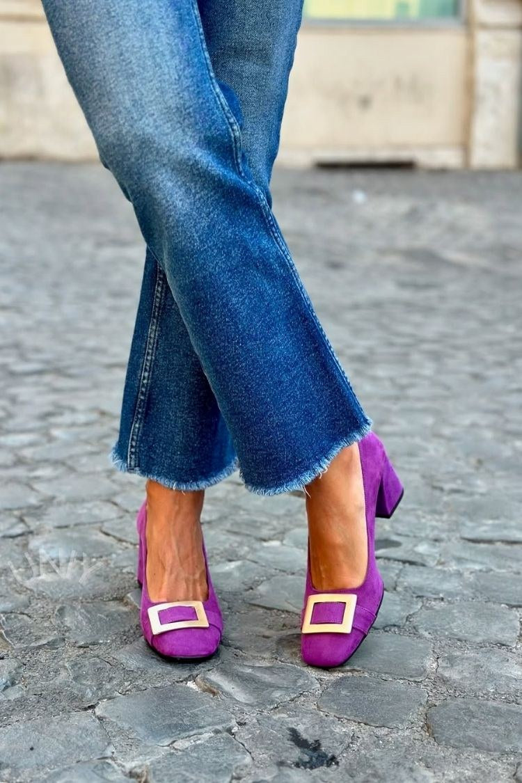 Tacones anchos patchwork Azul Navy con punta cuadrada
