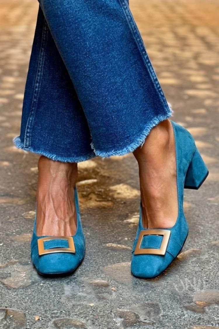 Tacones anchos patchwork Azul Navy con punta cuadrada