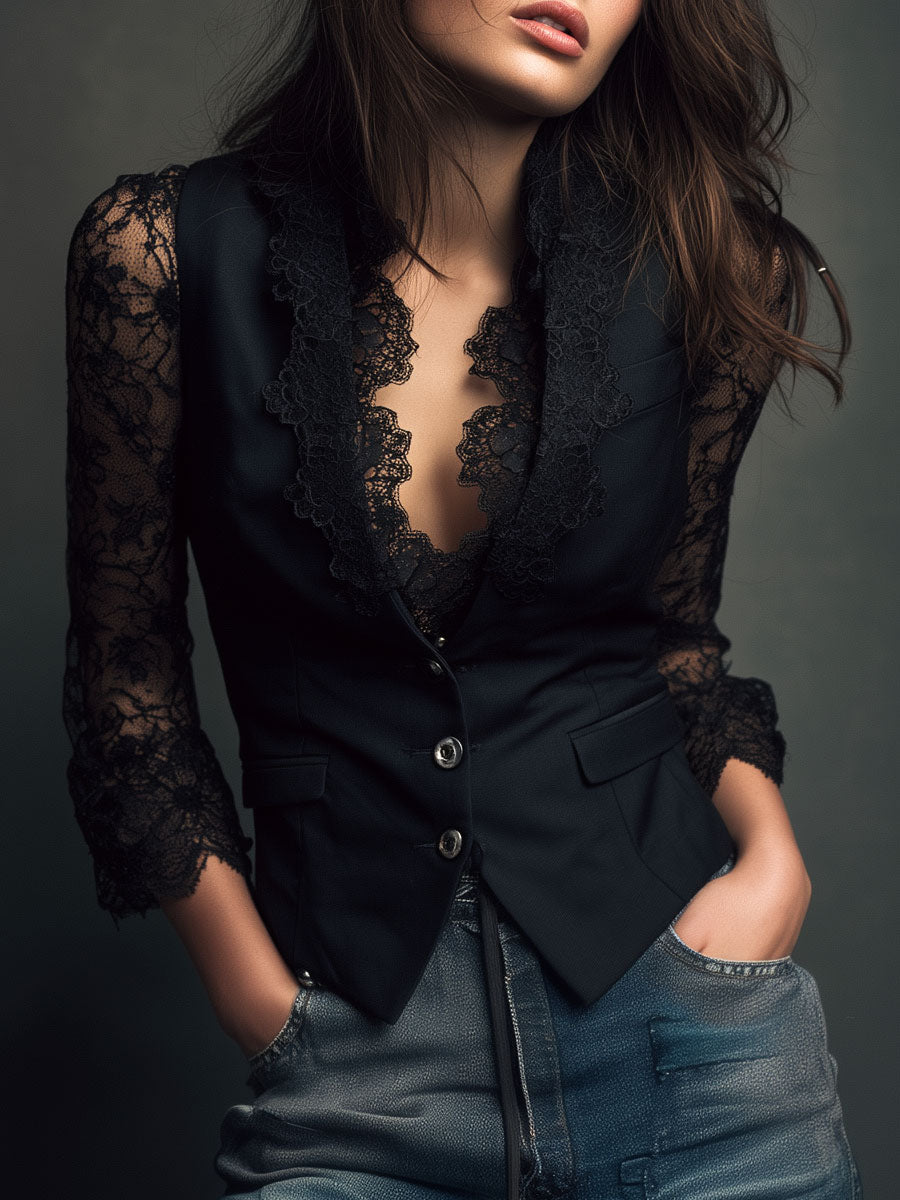 Noémie | Giacca Nera avec Maniche Semi-Transparenti