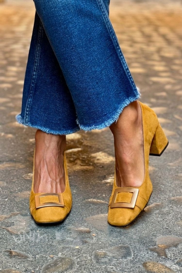 Tacones anchos patchwork Azul Navy con punta cuadrada
