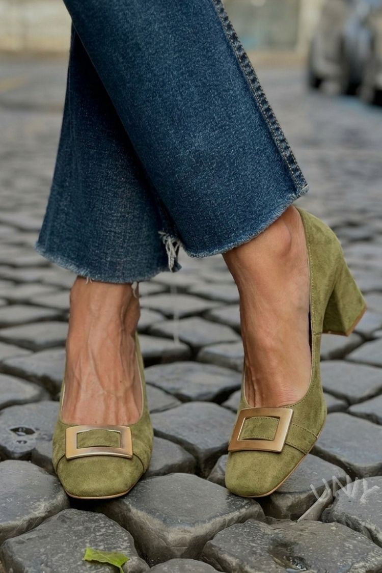 Tacones anchos patchwork Azul Navy con punta cuadrada
