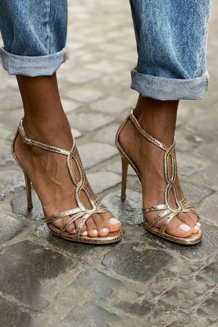 Zapatos de Tacón Alto Oro Champán con Hebilla en el Tobillo y Correas [Pre-Order]
