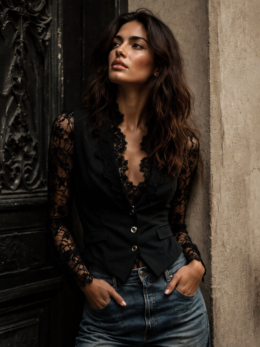Noémie | Giacca Nera avec Maniche Semi-Transparenti