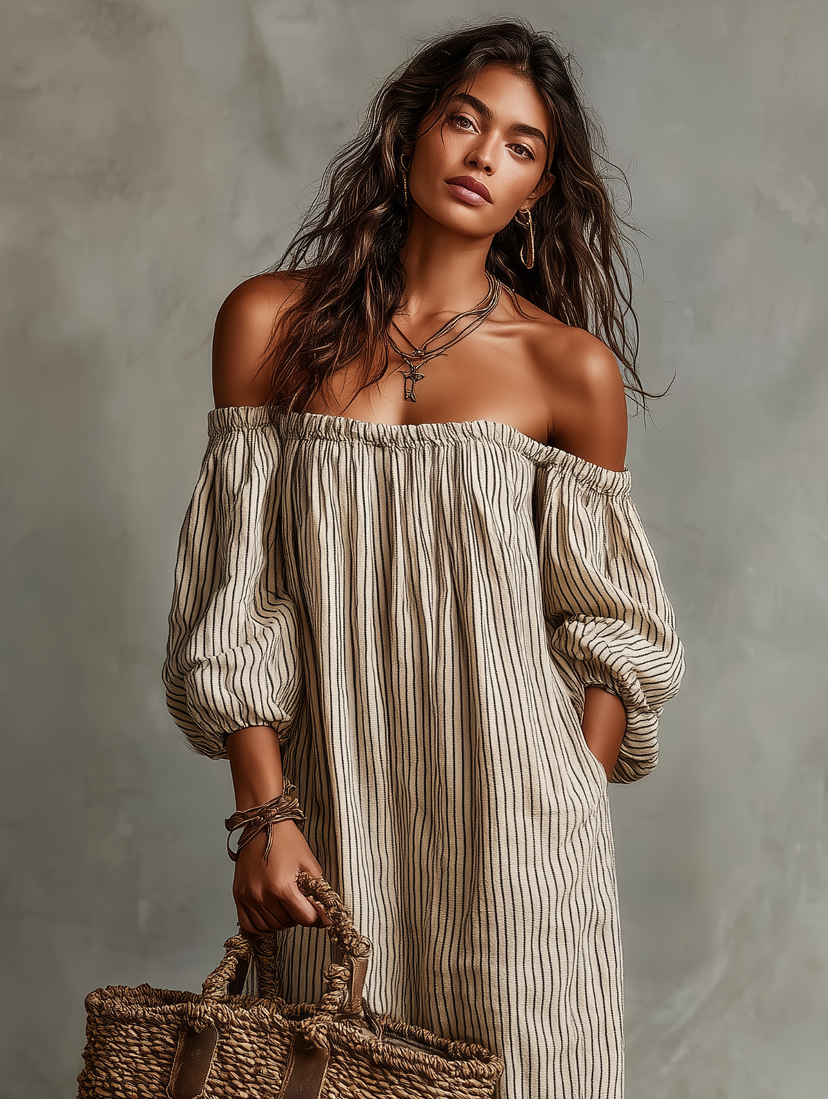Aurelia - Abito maxi in misto cotone e lino con spalle scoperte