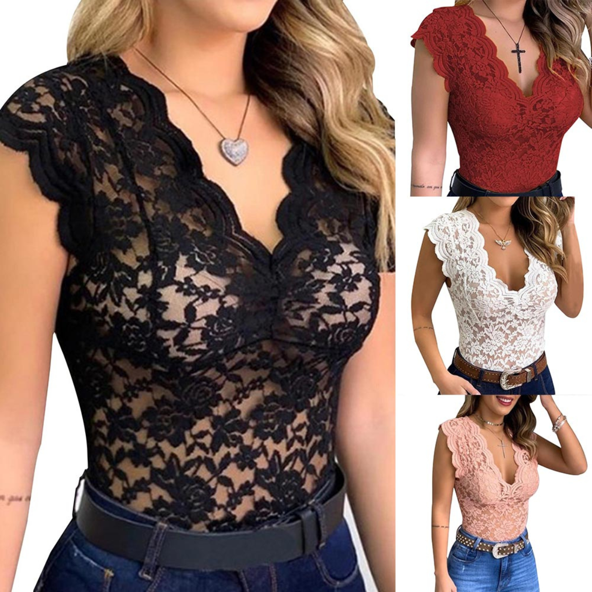 Scallace | Camiseta de Encaje con Escote en V
