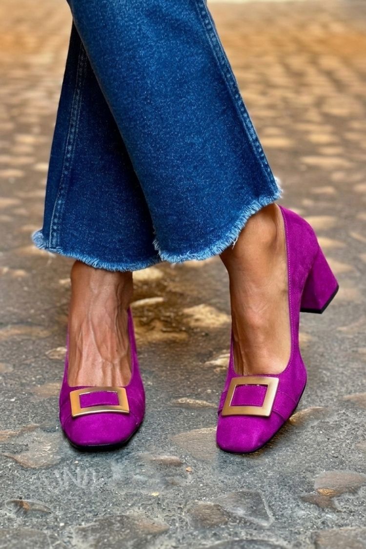 Tacones anchos patchwork Azul Navy con punta cuadrada
