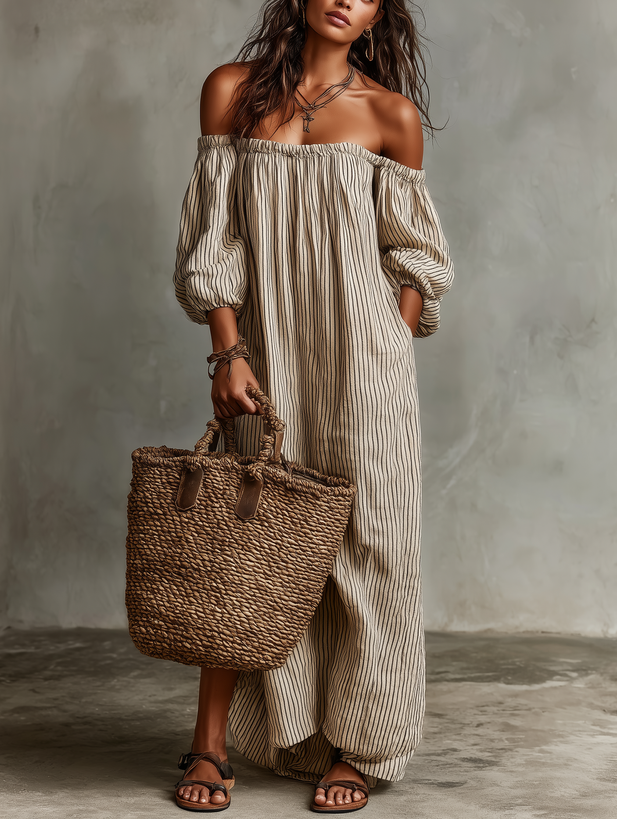 Aurelia - Abito maxi in misto cotone e lino con spalle scoperte