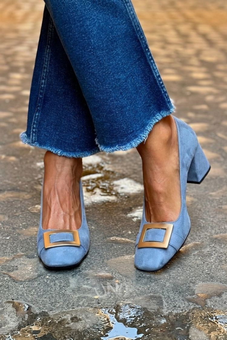 Tacones anchos patchwork Azul Navy con punta cuadrada