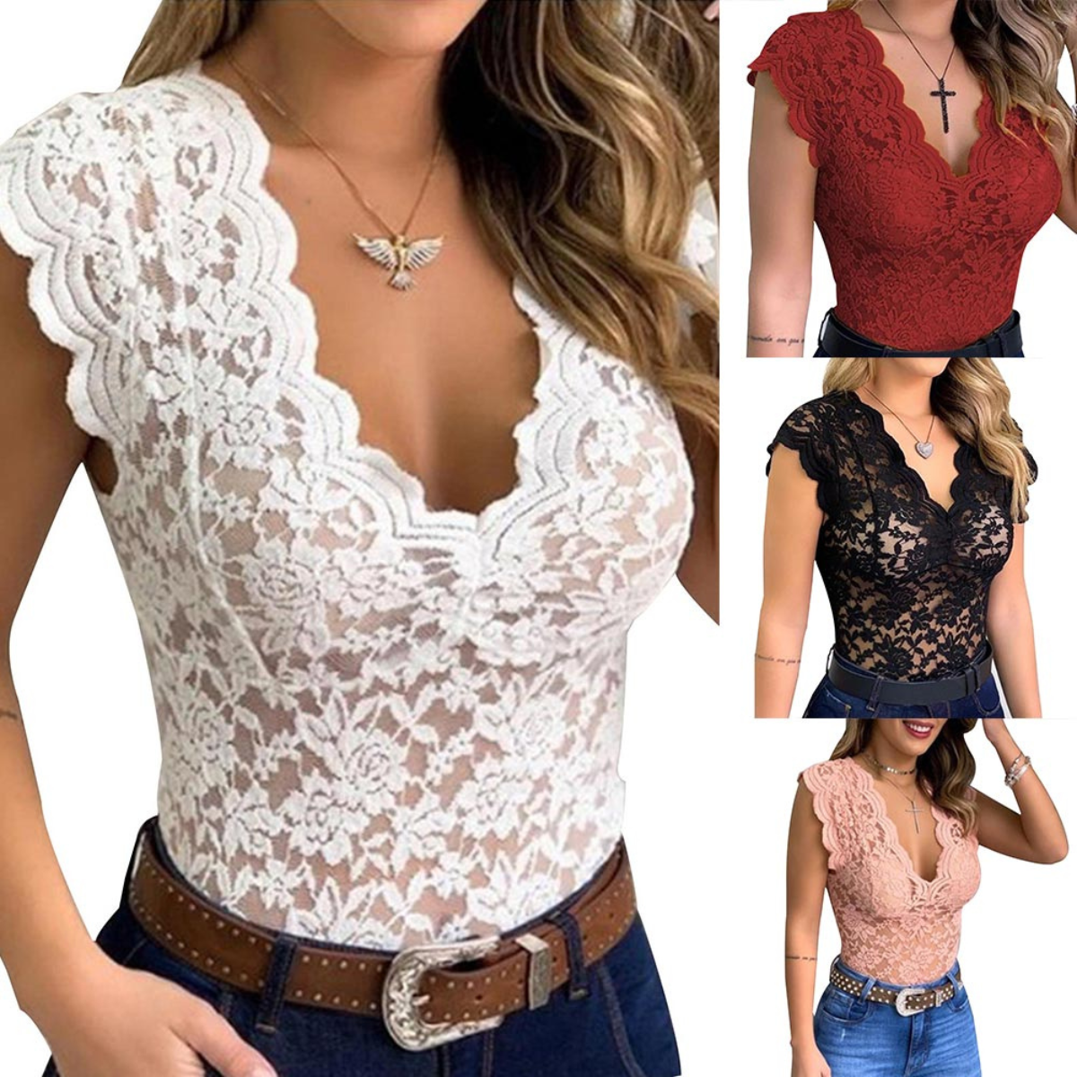Scallace | Camiseta de Encaje con Escote en V