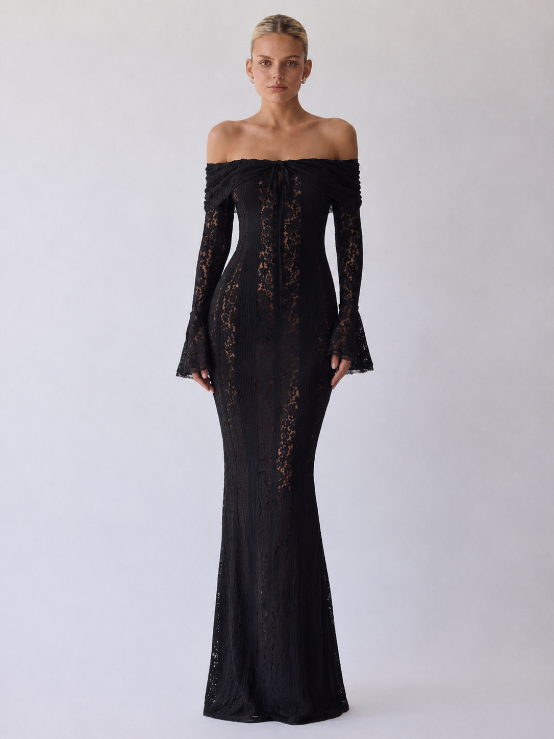 Fleur Vestido maxi de encaje con hombros descubiertos - Negro