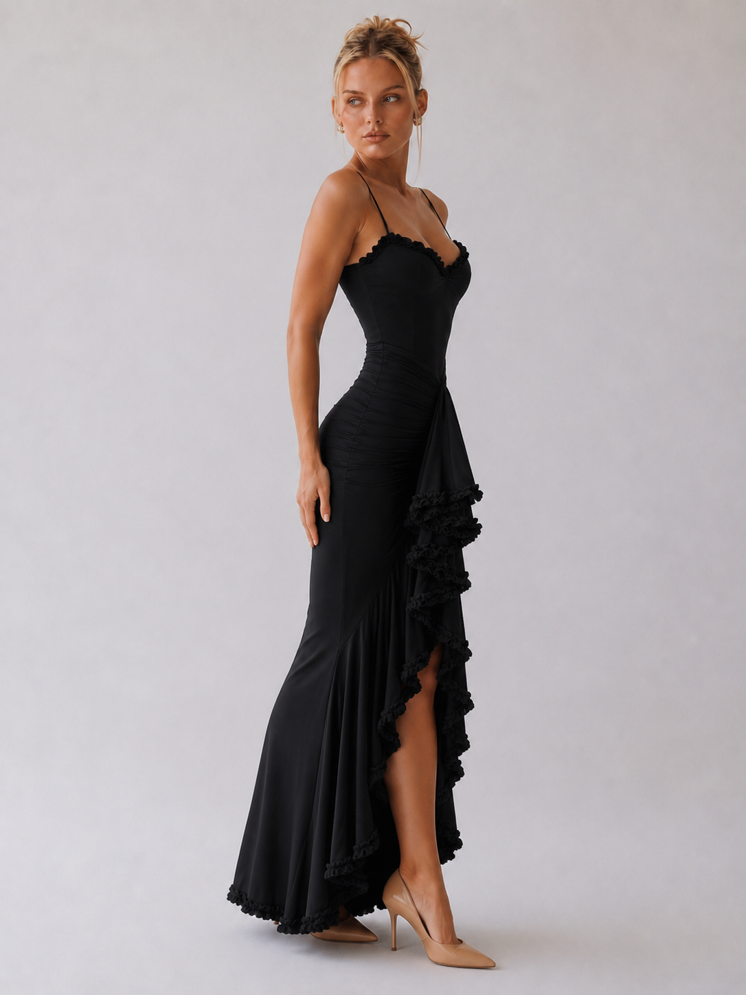 Pivoine Vestido de noche con volantes y bajo asimétrico - Negro