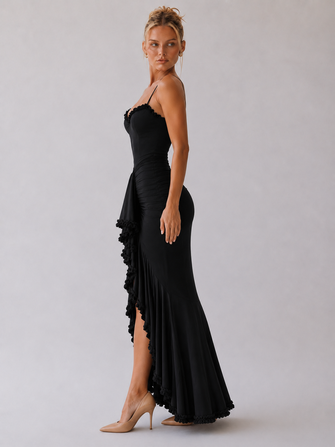 Pivoine Vestido de noche con volantes y bajo asimétrico - Negro