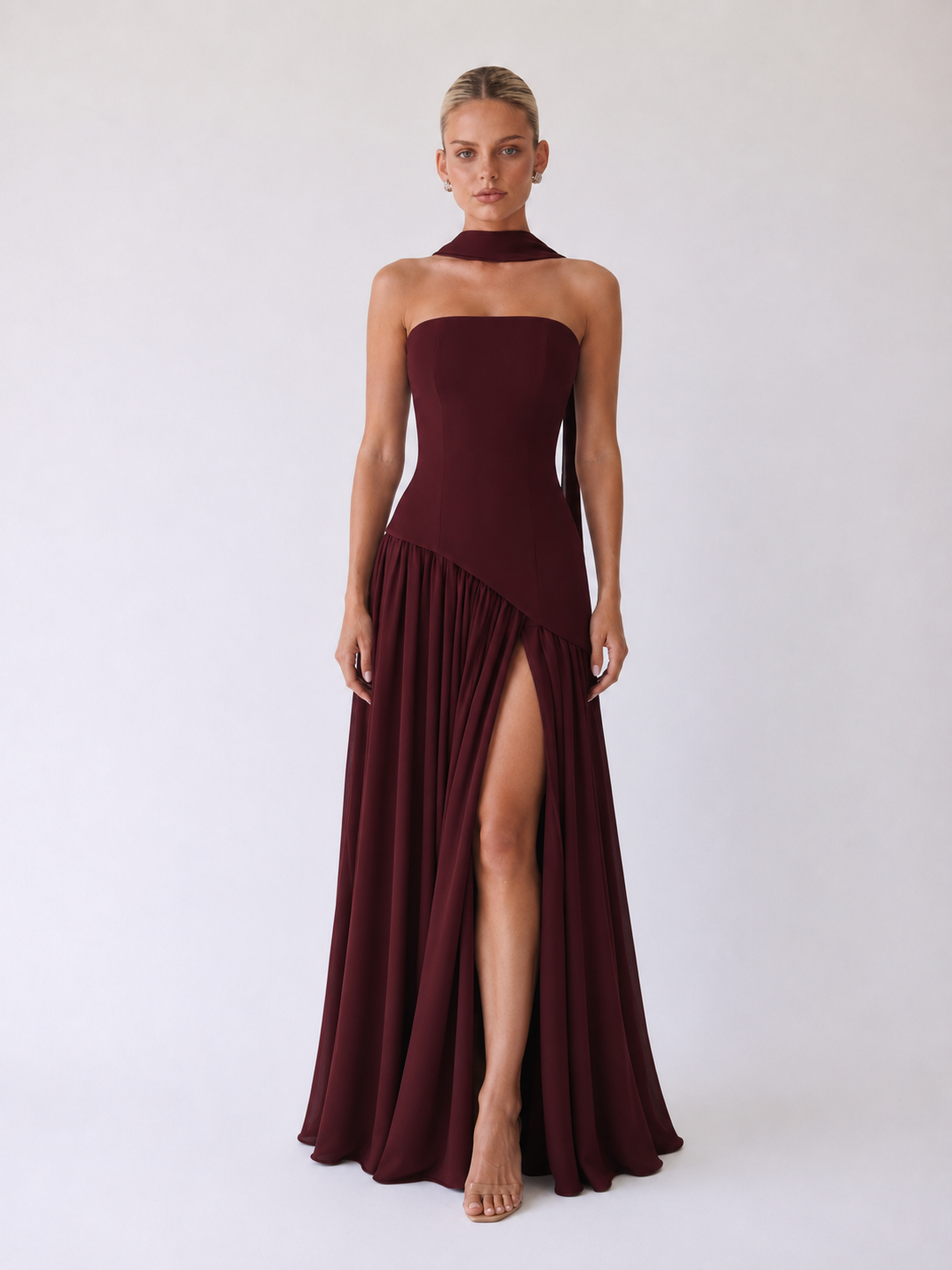 Diana Vestido maxi halter sin tirantes - Burdeos