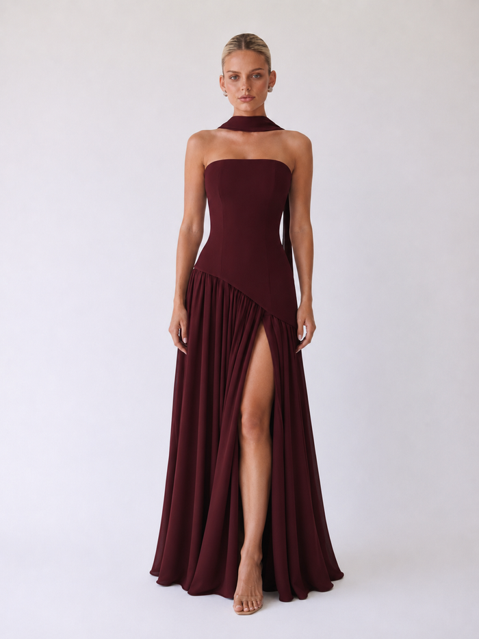 Diana Vestido maxi halter sin tirantes - Burdeos