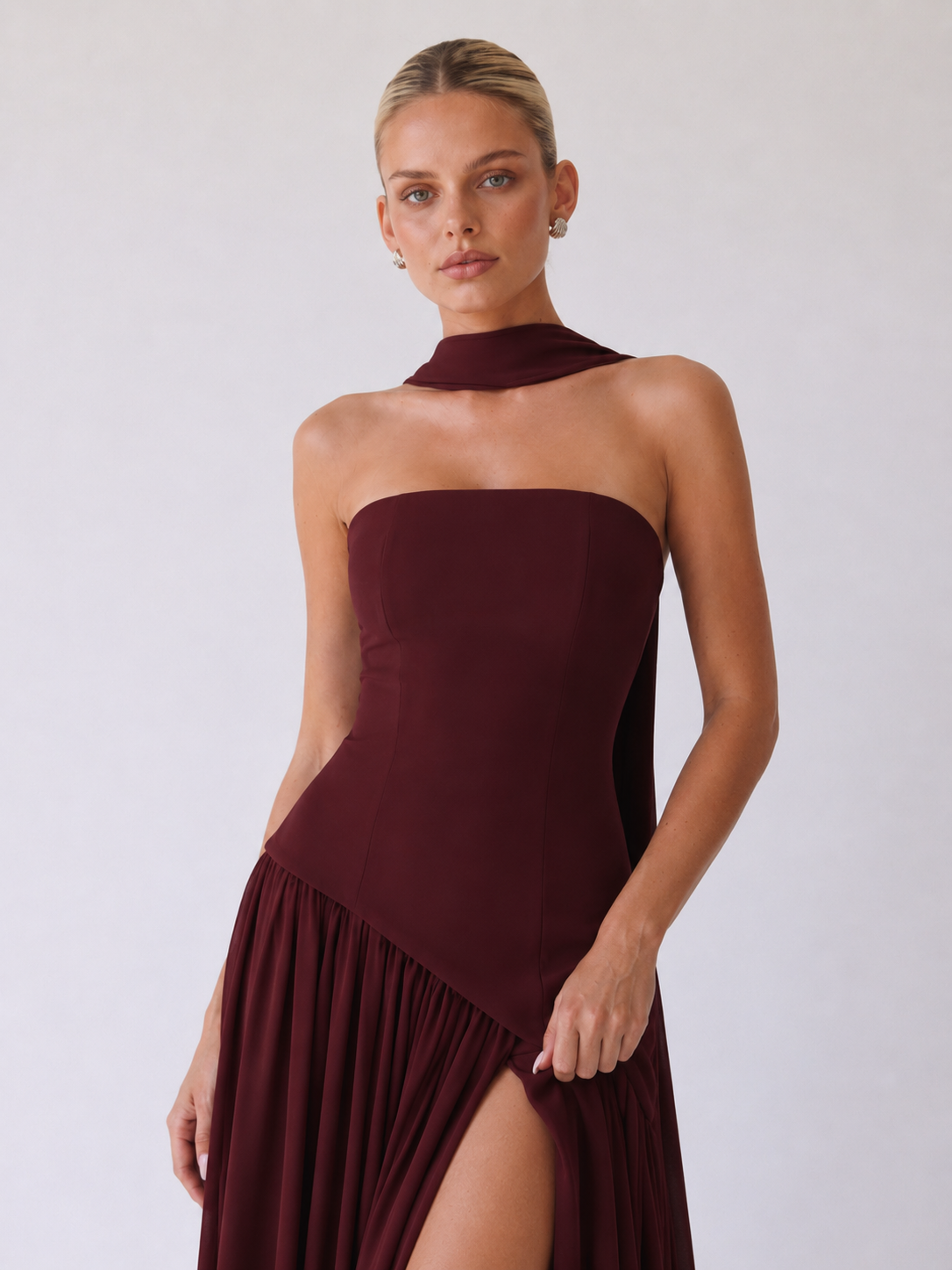 Diana Vestido maxi halter sin tirantes - Burdeos