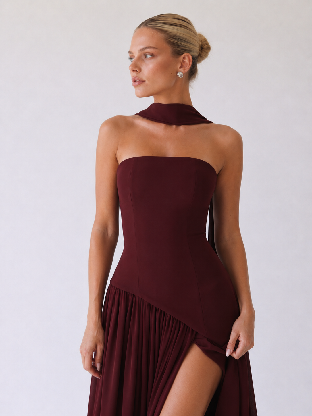 Diana Vestido maxi halter sin tirantes - Burdeos