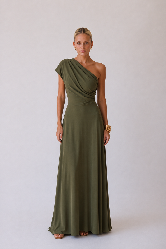 Keira Vestido largo drapeado de un solo hombro - Verde oliva