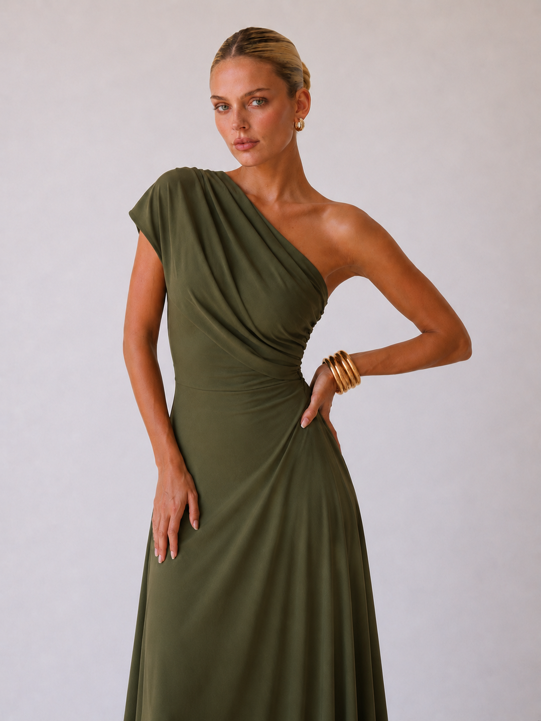 Keira Vestido largo drapeado de un solo hombro - Verde oliva