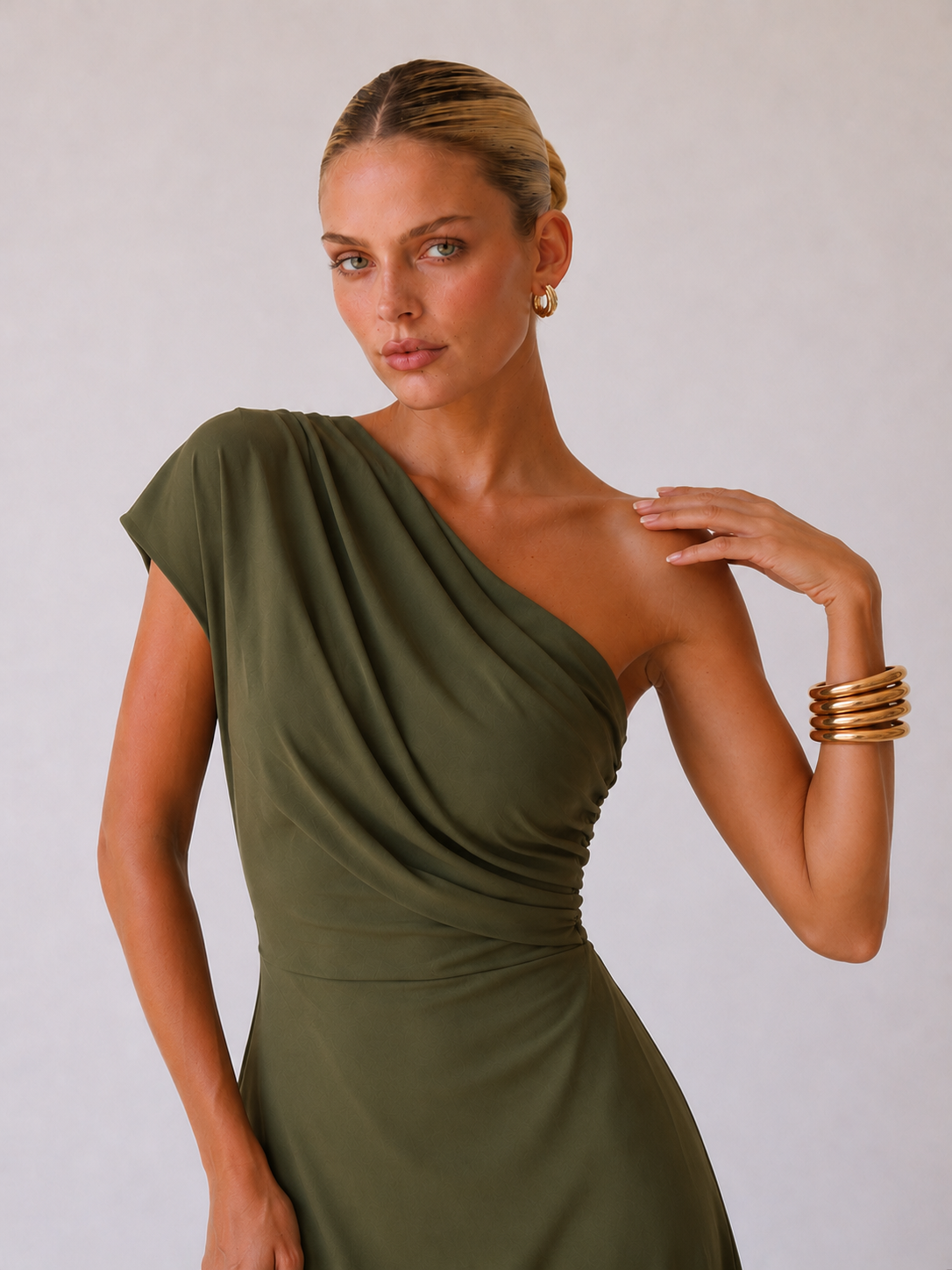 Keira Vestido largo drapeado de un solo hombro - Verde oliva