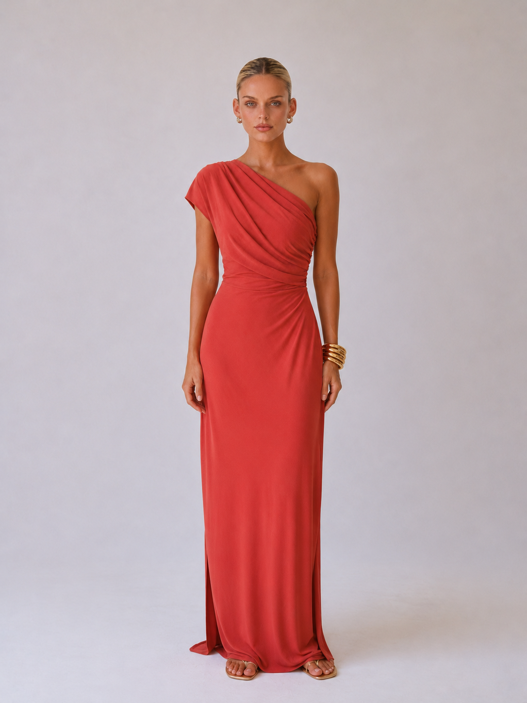 Keira Vestido largo drapeado de un solo hombro - Rojo sandía