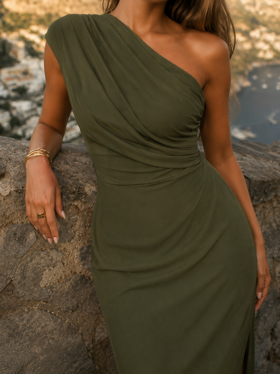 Keira Vestido largo drapeado de un solo hombro - Verde oliva