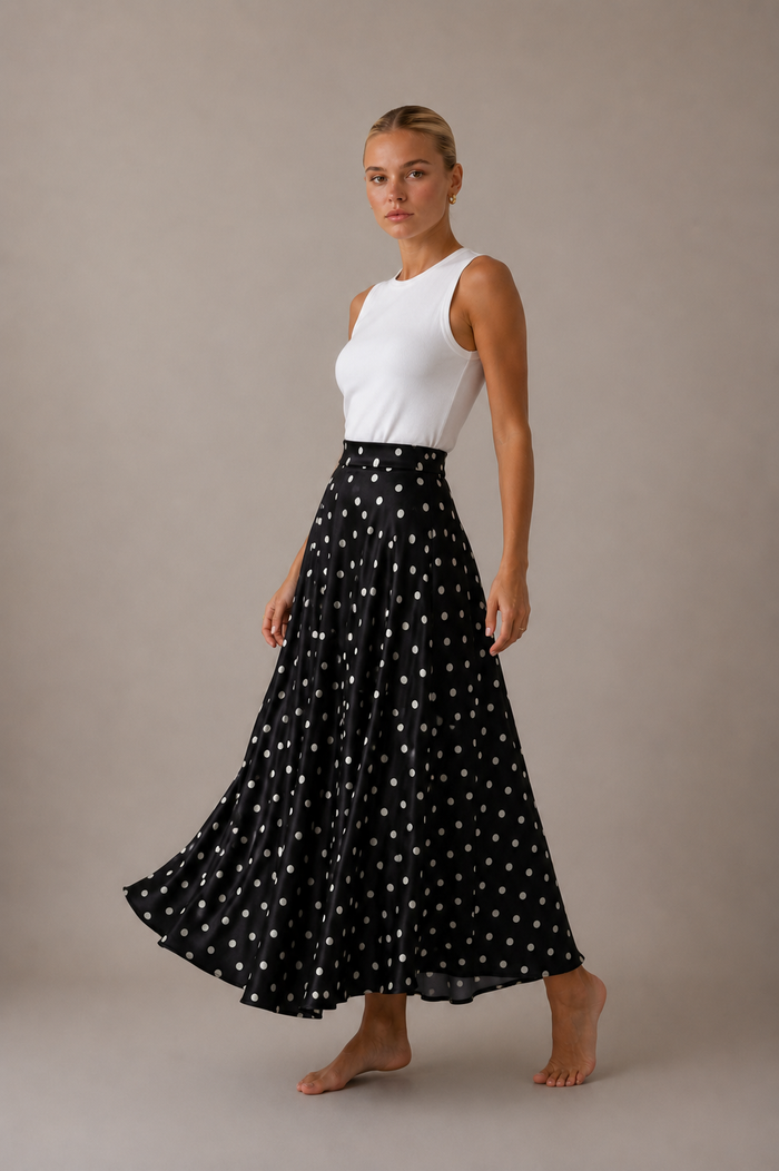 Mathilde Falda maxi de satén con volantes y lunares - Negro