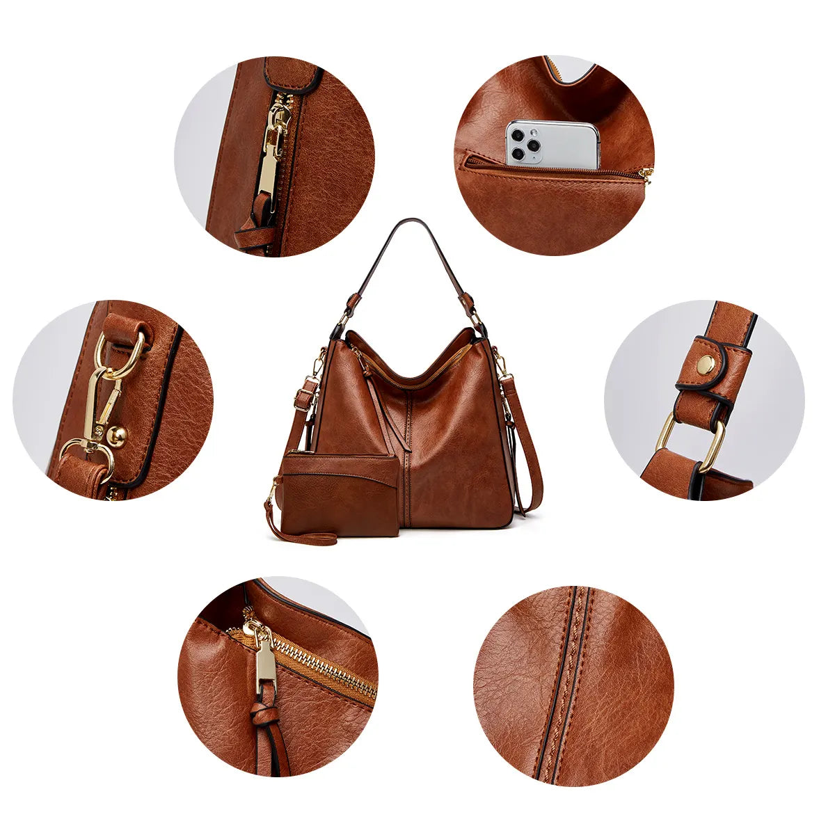 Bolso hobo de piel de lujo antirrobo con cartera pequeña