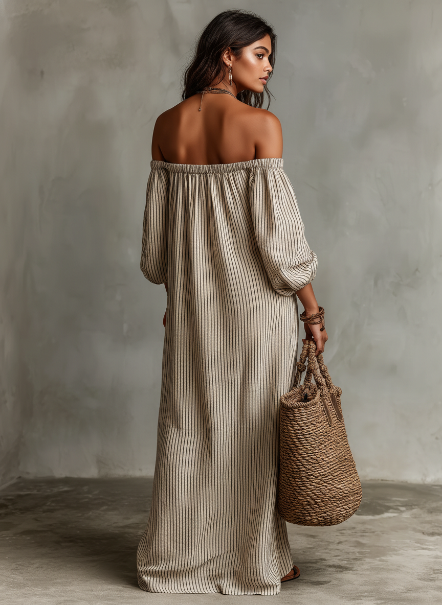 Aurelia - Abito maxi in misto cotone e lino con spalle scoperte