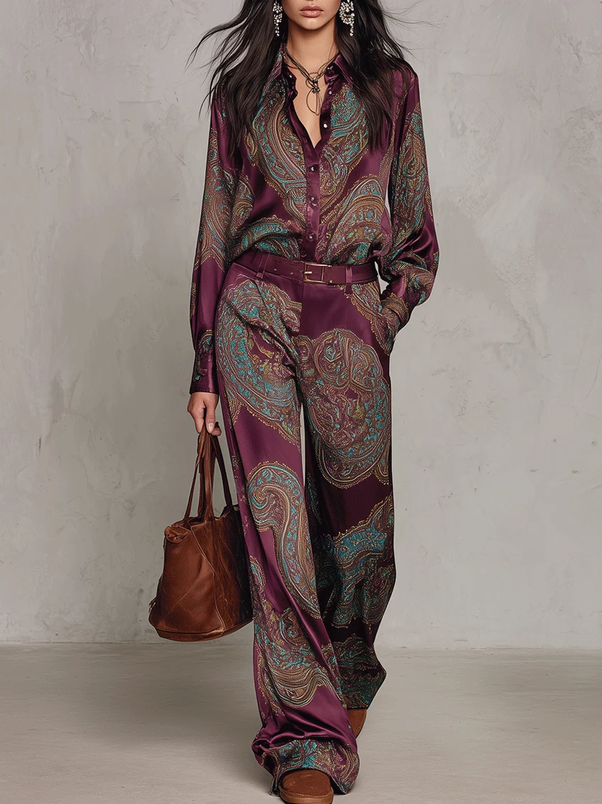Glory | Chemise à manches longues à motif champignons et imprimé cachemire bordeaux, avec pantalon long en suédine