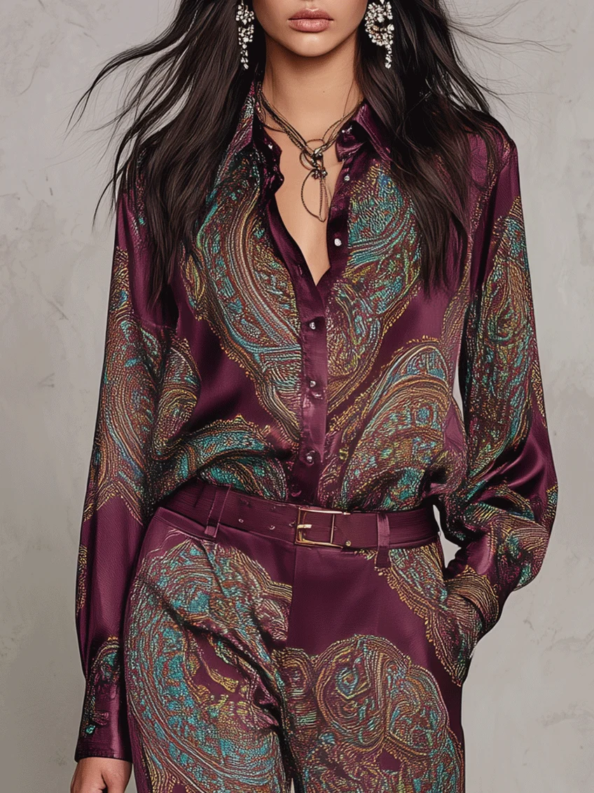 Glory | Chemise à manches longues à motif champignons et imprimé cachemire bordeaux, avec pantalon long en suédine