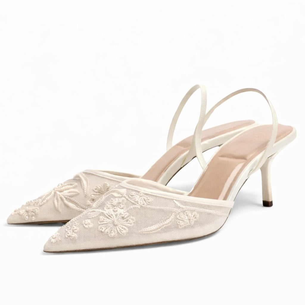 Cayetana | Zapatos Slingback de Tacón Kitten con Bordado Floral Mujer Punta Fina