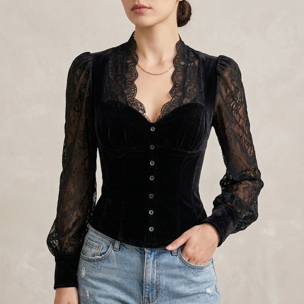 Montaigne | Blusa de Terciopelo y Encaje