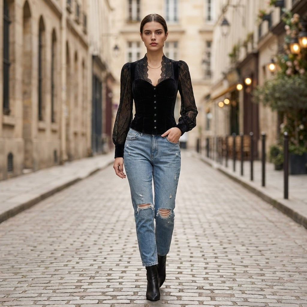 Montaigne | Blusa de Terciopelo y Encaje