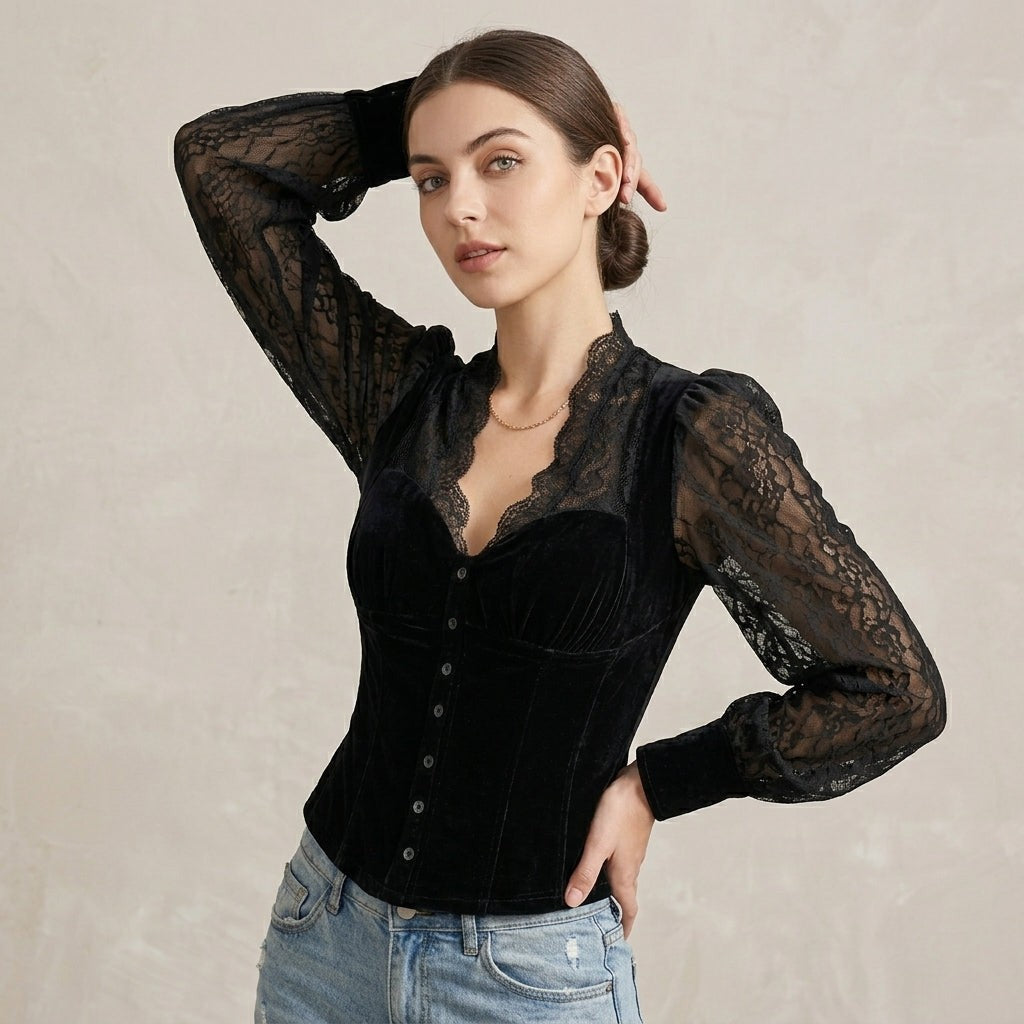 Montaigne | Blusa de Terciopelo y Encaje