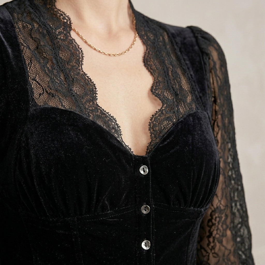 Montaigne | Blusa de Terciopelo y Encaje